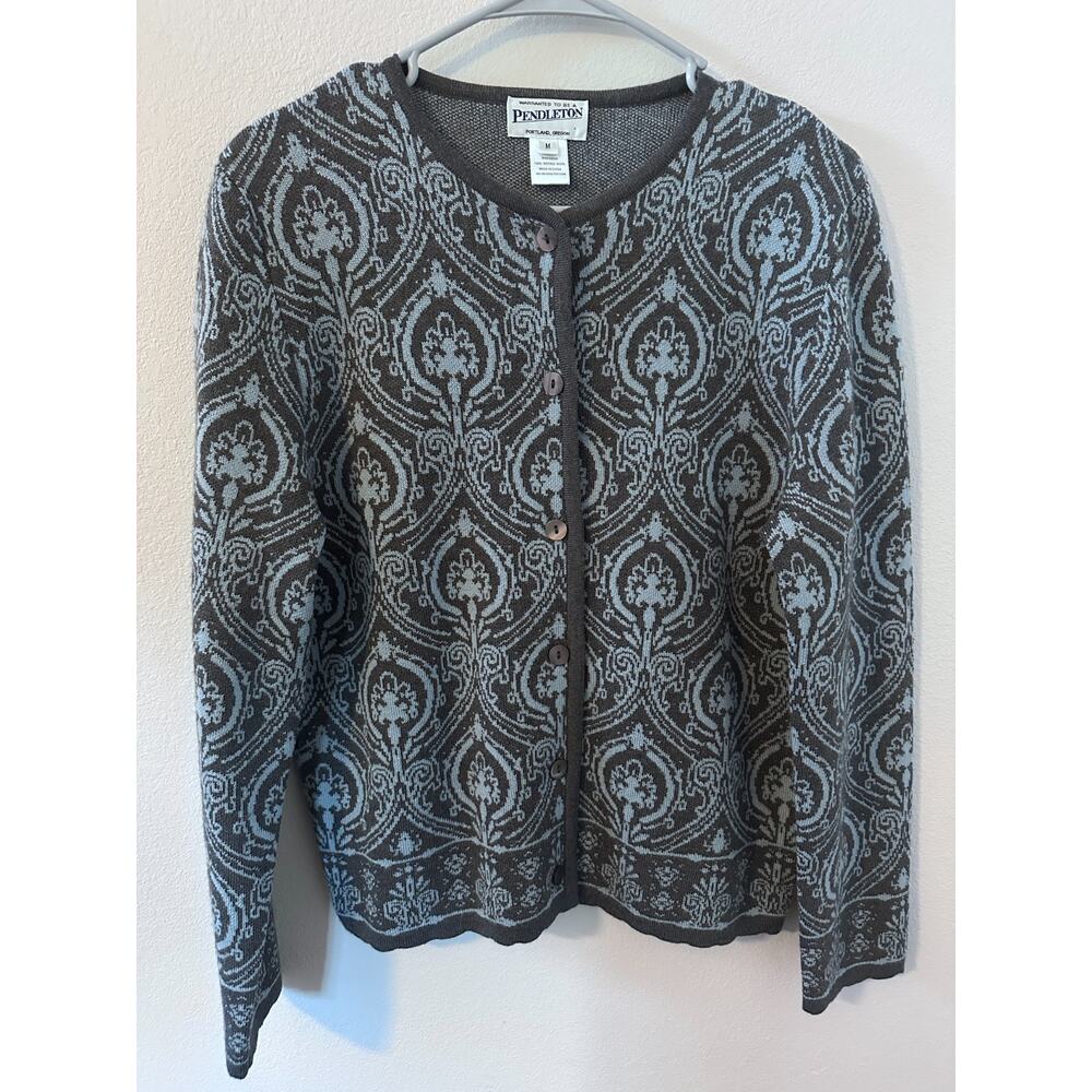 Pendleton Medium 100% Merino Wool Cardigan Gray Blue Button Front Sweater